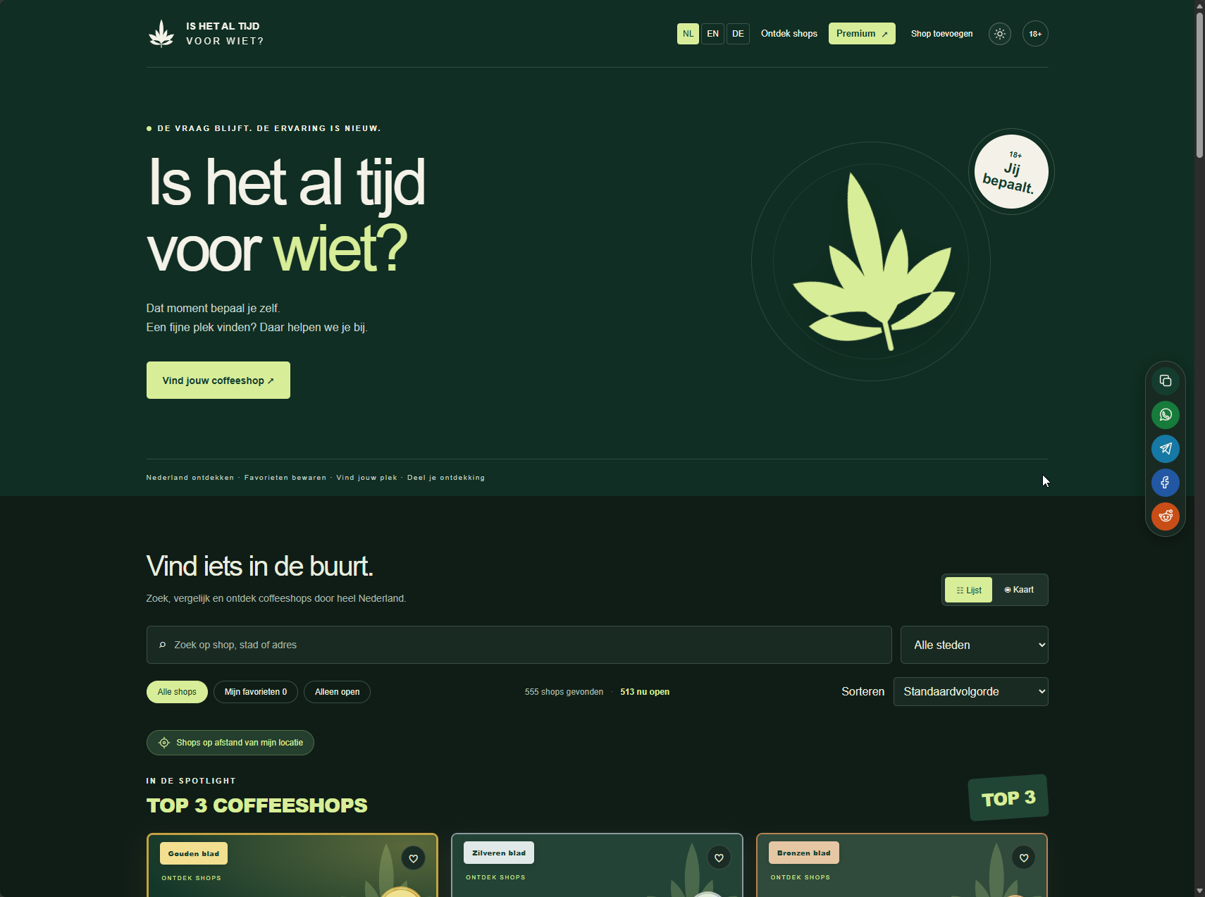 Vernieuwde donkergroene Is Het Altijd Voor Wiet-homepage met de titel Is het al tijd voor wiet?, een bladillustratie en coffeeshopzoekfunctie