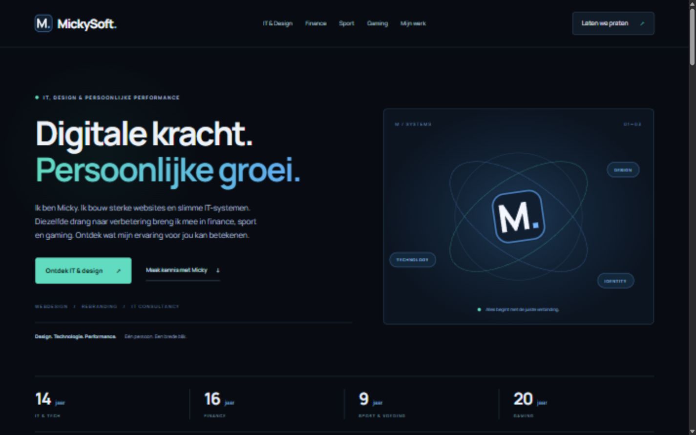 Vernieuwde MickySoft-homepage met het M-beeldmerk en Digitale kracht. Persoonlijke groei.
