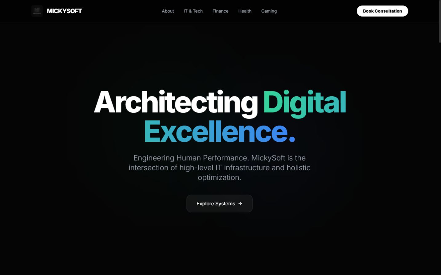 Echte opname van de oorspronkelijke MickySoft-homepage: donkere achtergrond en Architecting Digital Excellence