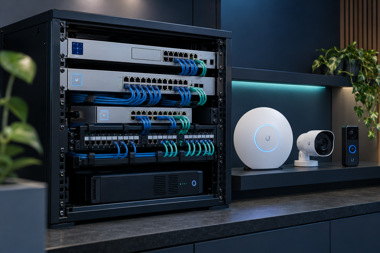 Illustratief UniFi-netwerkvoorbeeld met rackgateway, switches, accesspoint, camera en deurbel