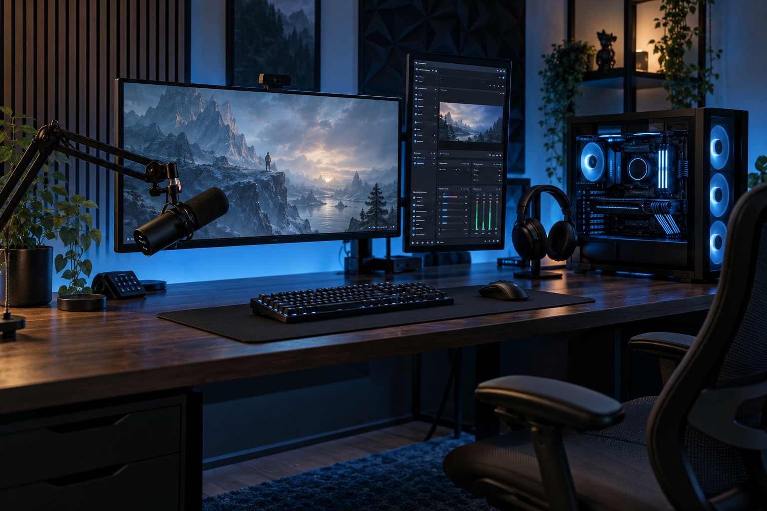 Realistische streameropstelling met twee monitoren, microfoon, webcam en gaming-pc